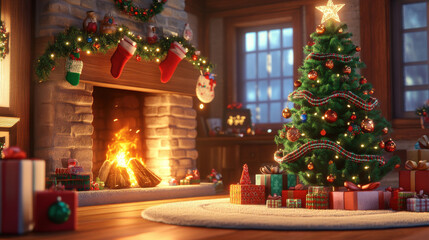 Fototapeta premium A cozy 3D Christmas tree with knitted decorations, surrounded by gifts, and a warm