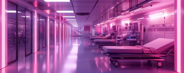Fototapeta premium Modern Futuristic Hospital Ward with Neon Lighting and Advanced Medical Equipment