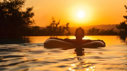Sunset Silhouette of Person in Pool