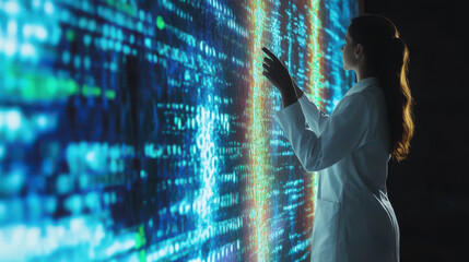 A genetic researcher standing in front of a wall-sized screen displaying DNA sequences,