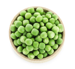 Fresh green peas in bowl isolated on white, top view