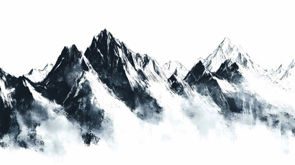 Obraz premium A brushed ink and black and white artwork of a mountain range. Mountain Range. Illustration