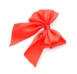 One red satin bow isolated on white, top view