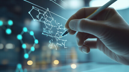A hand drawing molecular formulas on a transparent surface, reflecting the