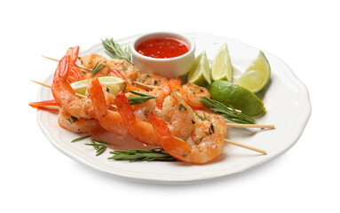 Skewers with delicious grilled shrimps, lime and sauce isolated on white