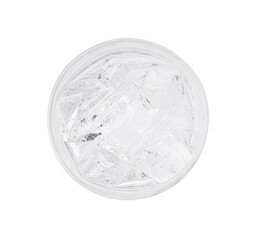 Refreshing water with ice cubes in glass isolated on white, top view