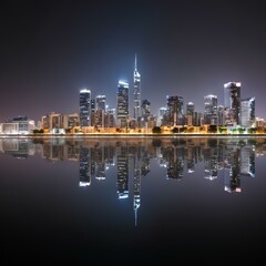Fototapeta premium Urban Night Skyline with Reflection on Water