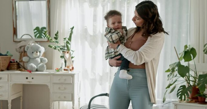 Love, bonding and baby with mom in bedroom for infant care, development and growth. Happiness, support and calm with woman and carrying child in family home for wellness, youth and comfort together