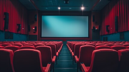 Fototapeta premium Empty Movie Theater with Red Seats and Large Screen in a Modern Cinema Hall