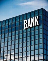 Obraz premium Tall Bank Building with Glass Facade Against Blue Sky 