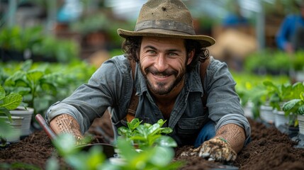 Smiling Farmer Tending to Plants in a Greenhouse, Wearing a Hat and Denim Shirt, Surrounded by Lush Greenery
