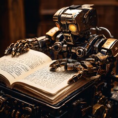 A steampunk-inspired robot carefully reads an ancient book, its mechanical hands turning pages with precision. The warm, vintage atmosphere of the workshop contrasts with the robot's metallic form.