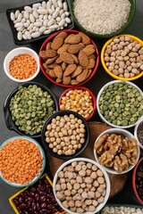 several pots with raw grains for preparing healthy food