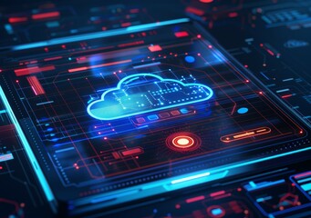 Obraz premium Futuristic Cloud Computing Concept with Neon Lights - Digital Technology and Data Storage Visualization