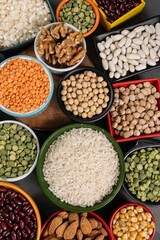 several pots with raw grains for preparing healthy food