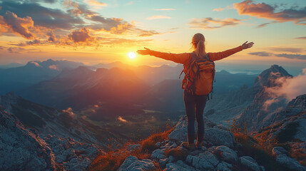 Obraz premium A woman stands on top of a mountain with arms open, welcoming the new day with the sunrise, symbolizing success and personal growth.