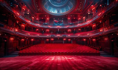 Luxurious Red Velvet Theater Interior with Ornate Balcony and Ceiling in Dramatic Lighting
