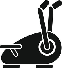 Simple black glyph vector icon for a modern stationary exercise bike for training at home on white background