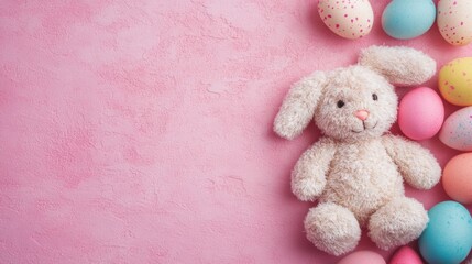 Fototapeta premium A cute bunny toy rests next to vibrant decorative eggs on a cheerful pink surface, perfect for celebrating Easter festivities