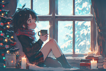 Cozy Girl drinking hot cocoa by the window watching the snowfall. Anime style, Cozy vibes
