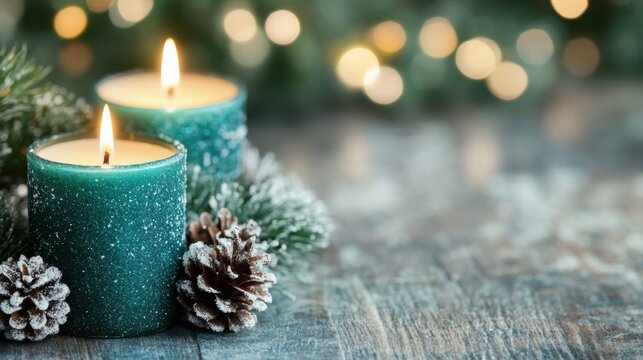A cozy holiday arrangement displays two glowing candles surrounded by pine cones and lush greenery that evoke seasonal warmth