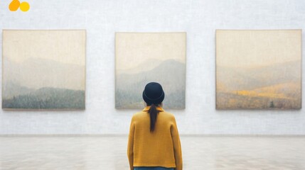 In a serene gallery, a woman stands enraptured by three classical mountain paintings, immersed in artistic appreciation