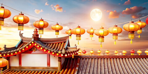 Vibrant Rooftop Party with Glowing Lanterns | Modern Mid Autumn Festival Celebration Background | Festive Decorations and Energy Captured in Wide Shot View