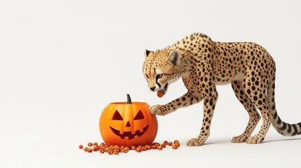 A 3D illustration of a cheetah playing with Halloween candy from a jack-o-lantern on a white isolated background, minimalist theme