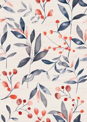 Elegant Watercolor Floral Pattern with Red Berries and Blue Leaves on Light Background