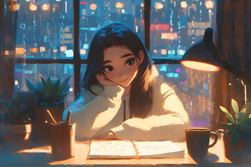 Artistic Girl sketching in a cozy coffee shop with string lights and vintage posters. Anime style, Cozy vibes