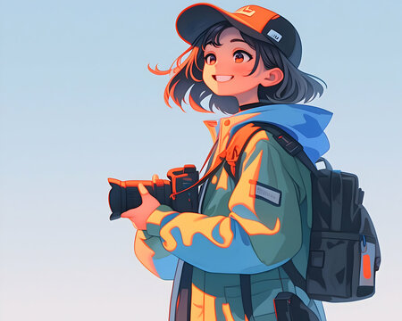 Smiling anime girl holding a camera and wearing a backpack.