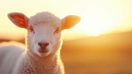Obraz premium A young lamb stands calmly in the warm light of sunset, surrounded by softly illuminated fields and a tranquil atmosphere