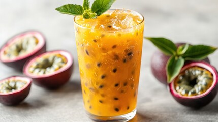 Fototapeta premium Refreshing passion fruit juice with ice and mint leaves in a glass, surrounded by whole and halved passion fruits on a gray surface.