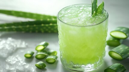 Fototapeta premium A refreshing glass of aloe vera juice with ice and aloe vera leaves on a white surface.