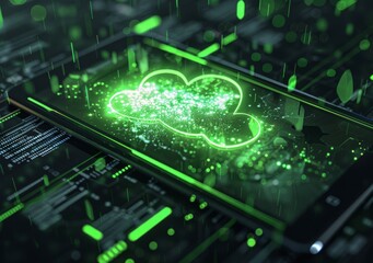 Futuristic Cloud Computing Concept with Neon Green Light on Digital Tablet - High-Tech Data Storage and Network Visualization
