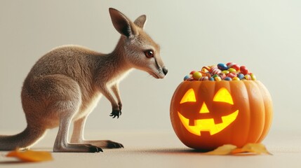 Fototapeta premium A 3D illustration of a kangaroo curiously looking into a jack-o-lantern filled with candy, minimalist on a white isolated background