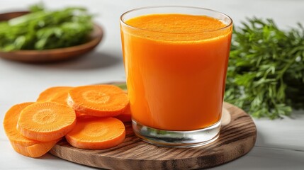 A glass of fresh orange carrot juice with sliced carrots and parsley on a wooden board and white background.