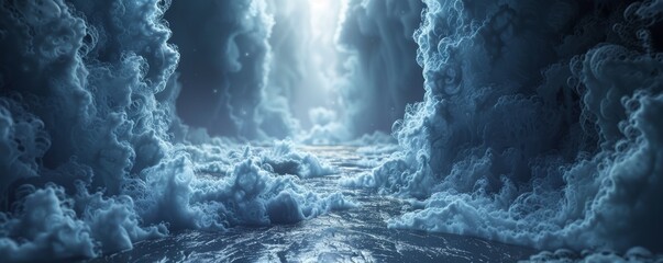Mystical Underwater Cave with Ethereal Light and Dramatic Clouds of Mist