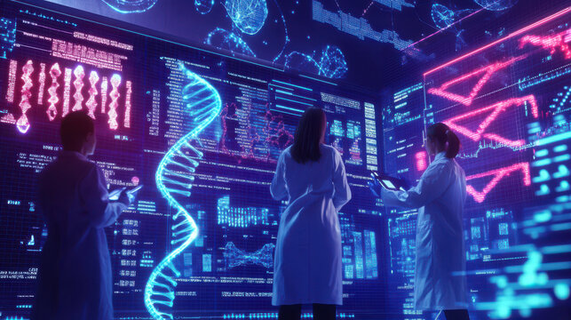 A team of scientists collaborating on a genetic research project, with DNA strands and AI - Powered by Adobe
