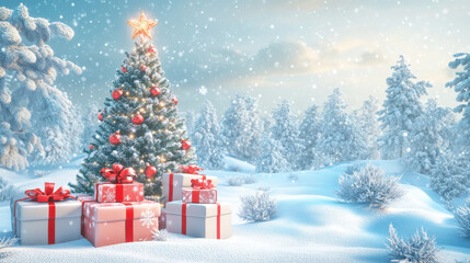 Obraz premium A winter wonderland scene with a 3D Christmas tree, gifts piled high, and a snowy