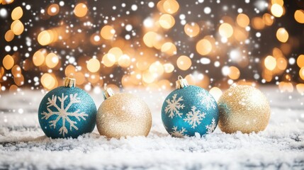 Blue ornaments adorned with snowflakes sit on a snowy surface, with glowing bokeh lights twinkling softly in the background