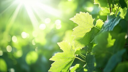 Fototapeta premium Sunbeams Through Green Leaves Nature Background Springtime