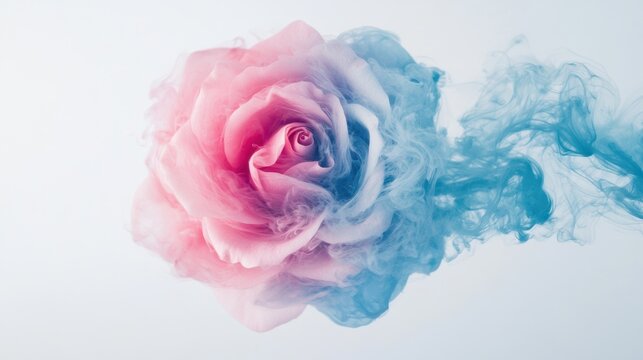 The blue and pink rose stands out against a light background, with delicate smoke swirls enhancing its ethereal beauty
