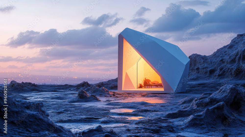 Fototapete Architectural camping cube with a mix of lines and polygons, creating a dynamic visual effect