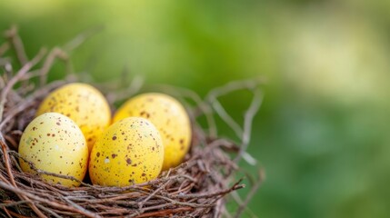 Four vibrant yellow Easter eggs are nestled in a natural nest, resting gently among twigs and greenery