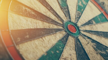 A dartboard's bullseye is illuminated by a warm sunset, emphasizing skill and concentration in a casual evening game