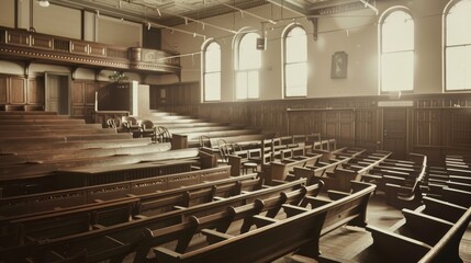 Vintage Empty Courtroom with Wooden Benches and Sunlight Streaming Through Windows