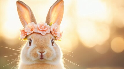 A charming bunny adorned with a flower crown gracefully explores a sunlit field bursting with colorful wildflowers