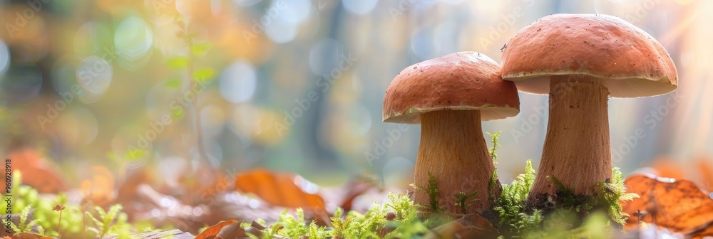 Wall mural Two Spicy Boletes Emerging in a Wooded Area with Shallow Depth of Field