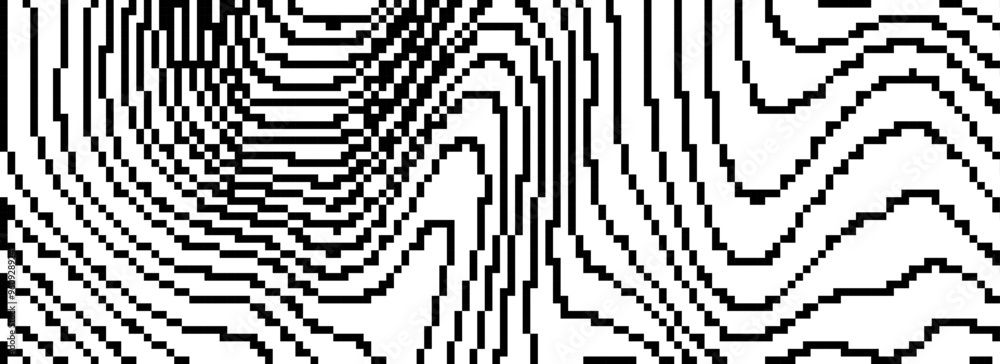 Poster Dithered wavy curved line texture. Black pixel glitch background. Digitalized distorted backdrop for banner, poster, flyer, brochure, booklet. Abstract rasterized stripes overlay wallpaper. Vector